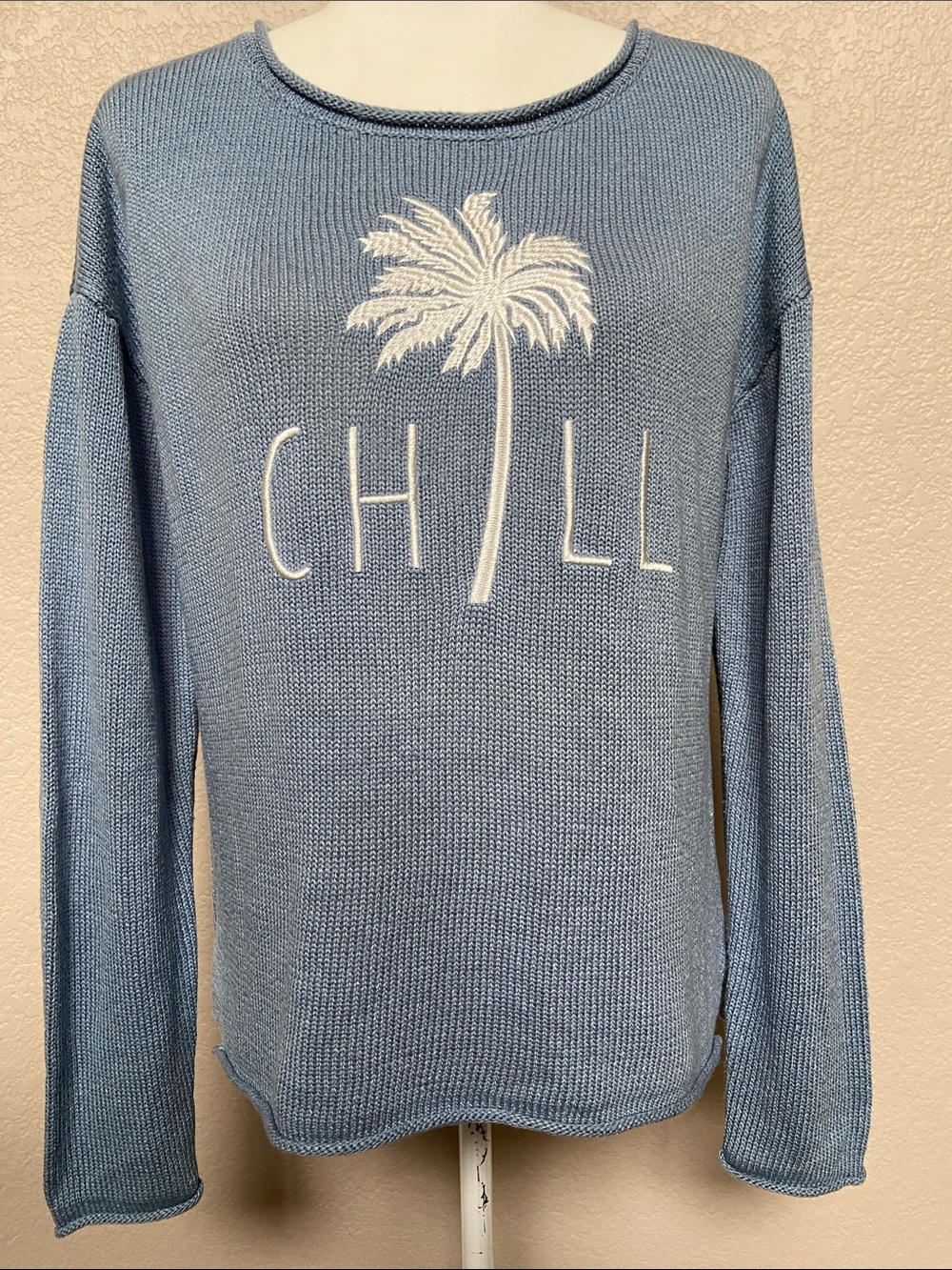 Marled (brand) Light Blue Sweater "CHILL" with palm tree. Relaxed fit. Size M